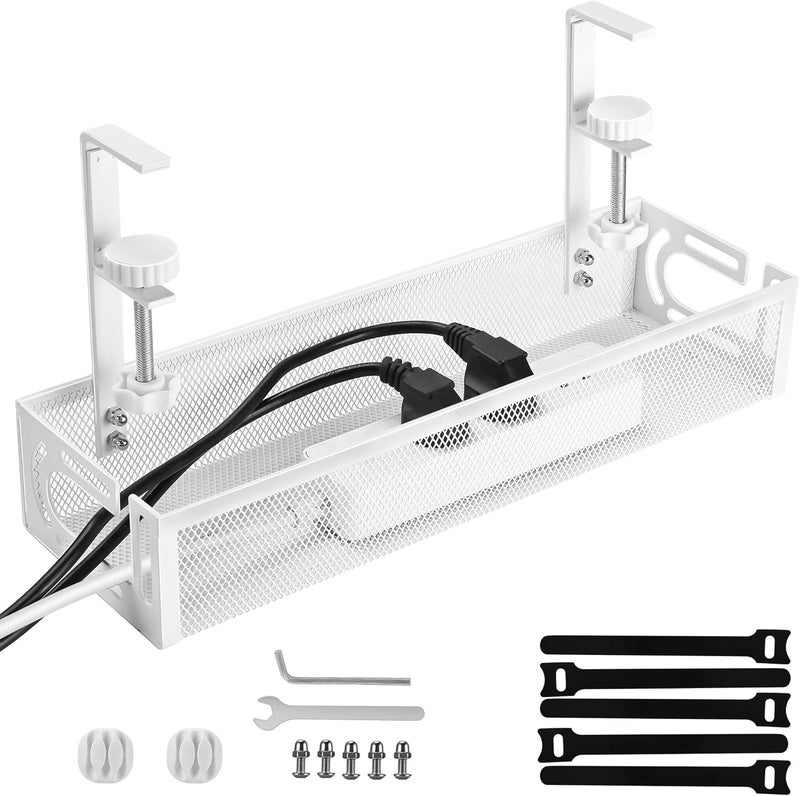QUELIEN Under Desk Cable Management Tray Small – Clamp-Mounted Wire Organizer & Cord Management Under Desk Holder, No-Drill Metal Cable Tray for Home Office (White) - Image 1